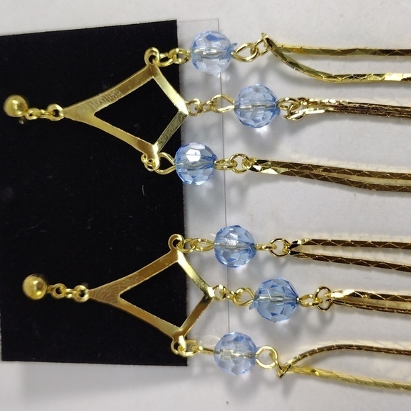 Women's Stunning Gold tone & Blue Beads Fringed Chandelier 3" Drop Earrings - Picture 5 of 7